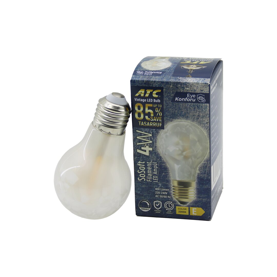 ATC-A60-SS VİNTAGE SOSOFT FİLAMENT 4W LED AMPUL LAMBA E27 KIRILMAZ PLASTİK CAM 400 LÜMEN 2200K 25.0