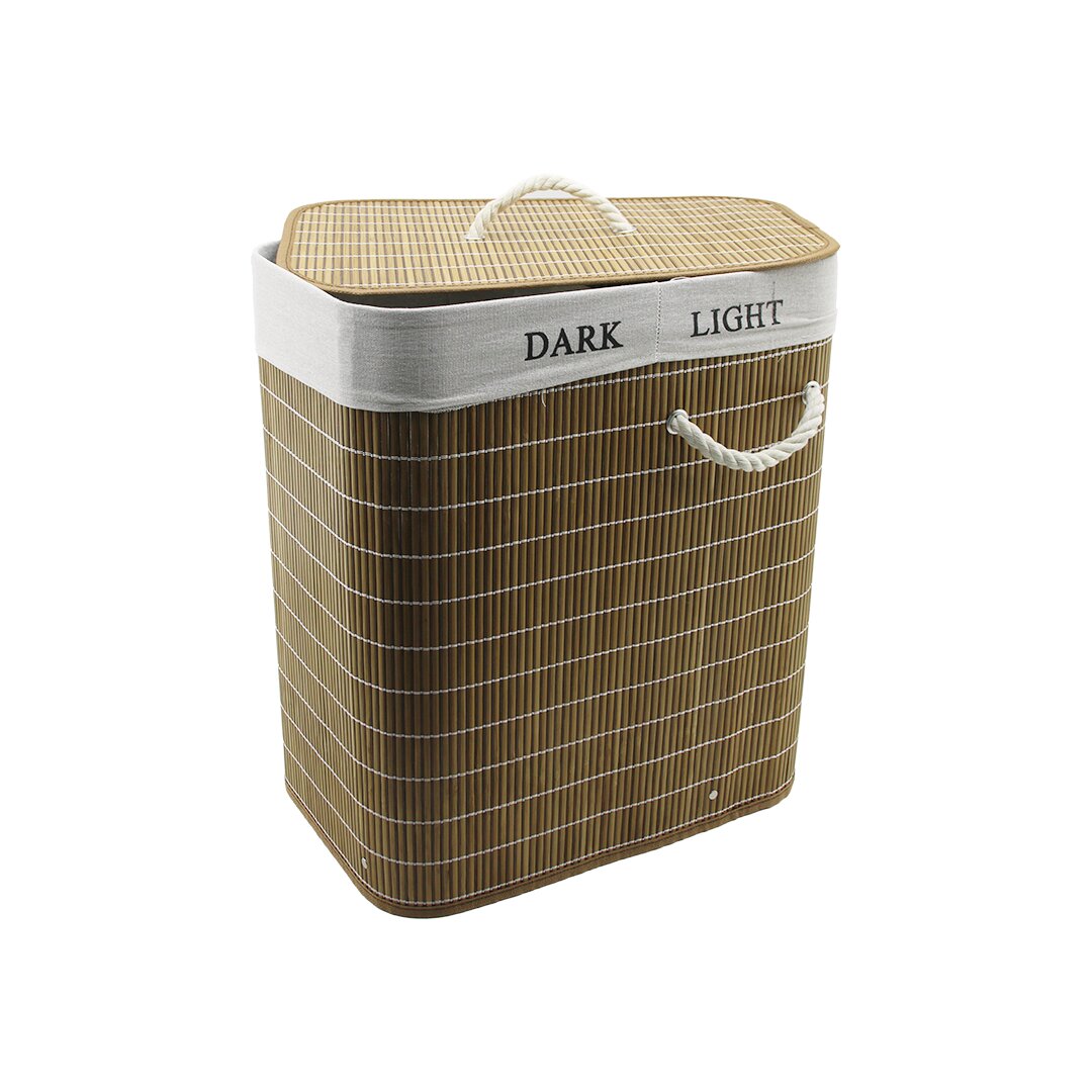 Bambu Ahşap Ki̇rli̇ çamaşir Sepeti̇ 30x44cm Seyyar Kapakli İçi̇ Bezli̇ İp Kulplu