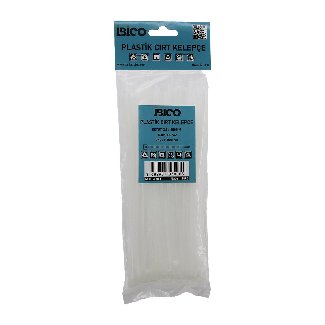 Beyaz   3.6x200mm  Plasti̇k Cirt Kelepçe  100pcs