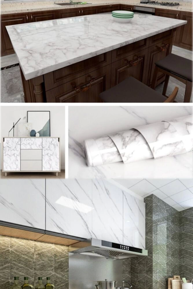 Beyaz Mermer Desenli Yapışkanlı Tezgah Folyosu