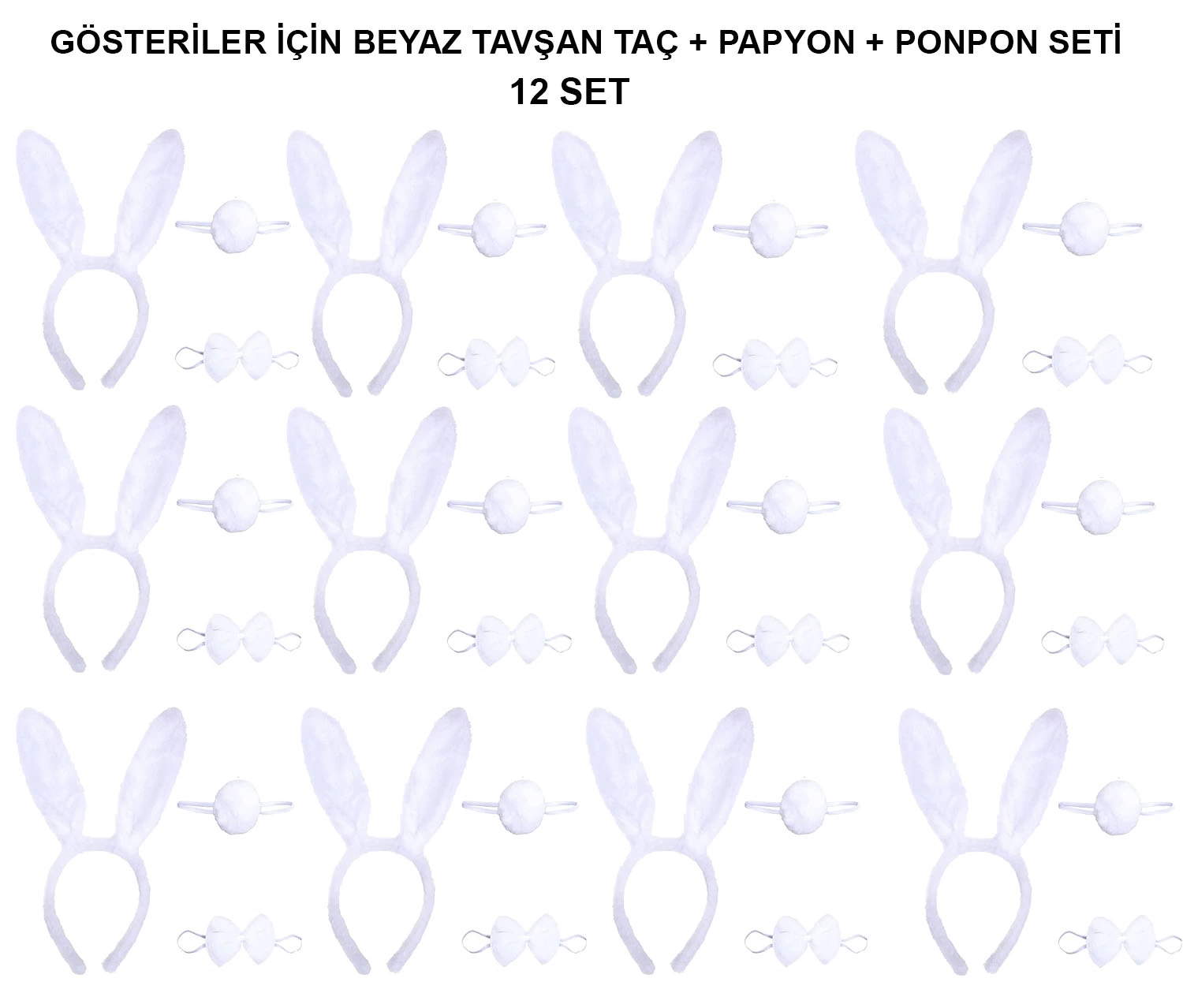Beyaz Tavşan Kostüm Seti – Taç, Papyon, Kuyruk