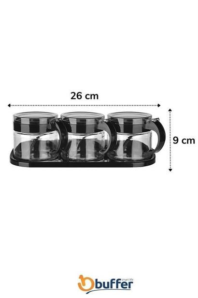 BUFFER®  Siyah 3lü Standlı Kapaklı Kaşıklı Cam Hava Sızdırmaz Baharatlık Takımı KC-386