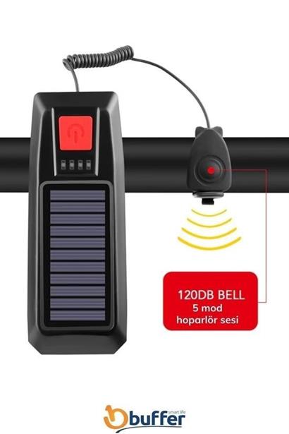 BUFFER® Solar Enerjili USB ile Şarj Edilebilir Ledli Bisiklet Feneri Kornalı ve Su Geçirmez Far