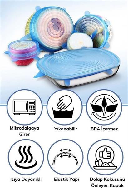 BUFFER® Tazeliği Koruyan 6lı Silikon Streç Gıda Saklama Koruma Kapakları