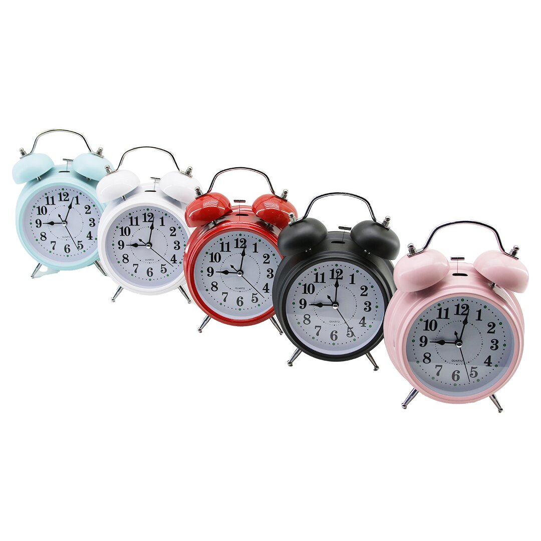 BÜYÜK KLASİK MODEL MASA ÇALAR SAAT PİLLİ - LEDLİ IŞIKLI YUVARLAK - RENKLİ METAL KASA ÇAP:15CM