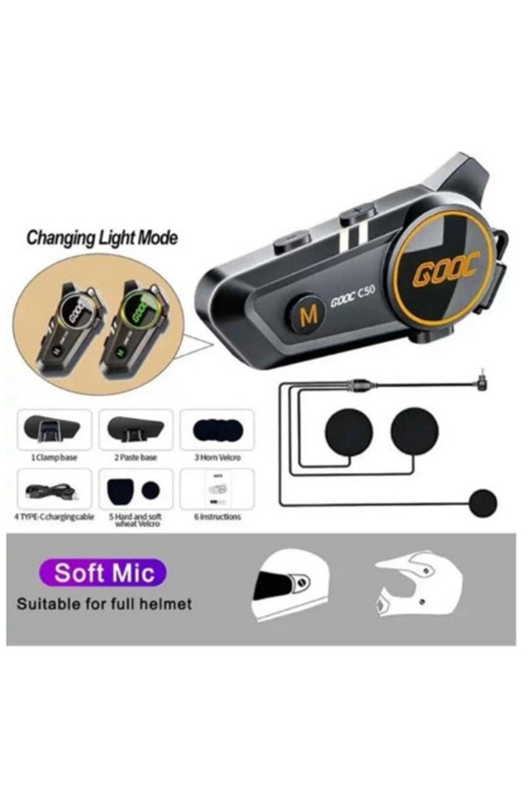 C50 Motosiklet Intercom Kask Kulaklık 1000 Mah Rgb Işıklı Bluetooth Kulaklık Ip67