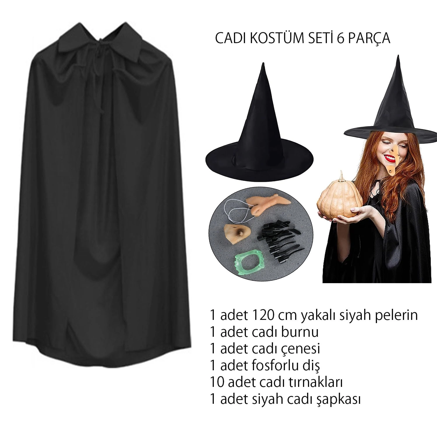 Cadı Kostüm Seti 6 Parça - Şapka Pelerin Diş Tırnaklar Çene Ve Burun