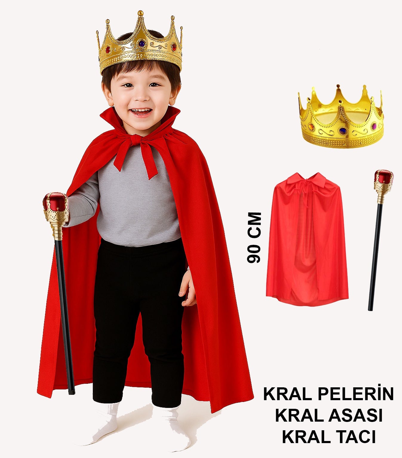 Çocuk Kral Kostüm Seti – Kırmızı Pelerin, Taç ve Asa