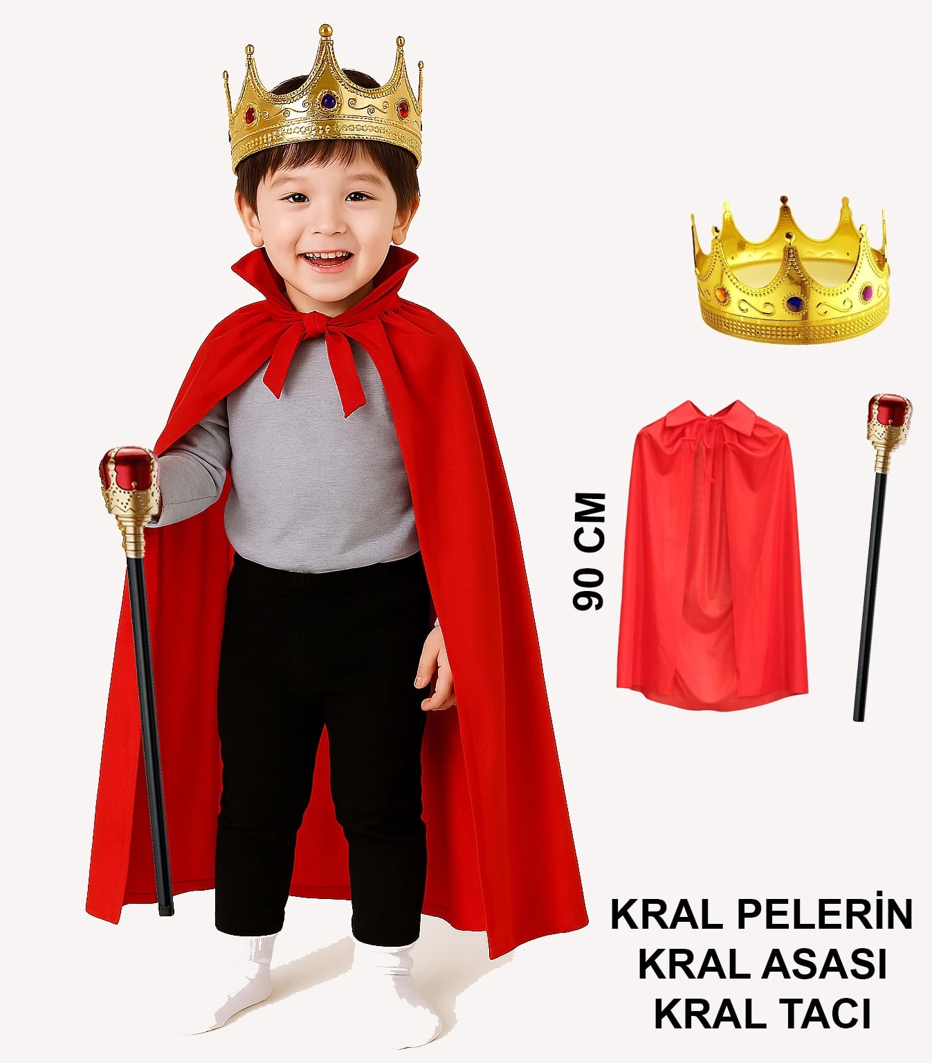Çocuk Kral Kostüm Seti – Kırmızı Pelerin, Taç Ve Asa