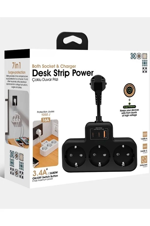 Çoklu Kablolu Priz Yüksek Gerilim Korumalı 3’lü Priz 1x Usb 2x Type-c Çıkışlı Grup Priz Çoğaltıcı S