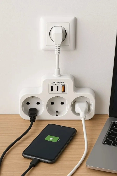 Çoklu Kablolu Priz Yüksek Gerilim Korumalı 3’lü Priz 1x Usb 2x Type-c Çıkışlı Grup Priz Çoğaltıcı S