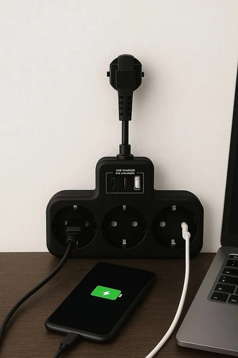 Çoklu Kablolu Priz Yüksek Gerilim Korumalı 3’lü Priz 1x Usb 2x Type-c Çıkışlı Grup Priz Çoğaltıcı S