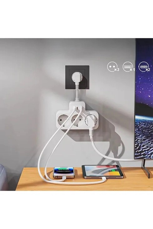Çoklu Kablolu Priz Yüksek Gerilim Korumalı 3’lü Priz 1x Usb 2x Type-c Çıkışlı Grup Priz Çoğaltıcı B