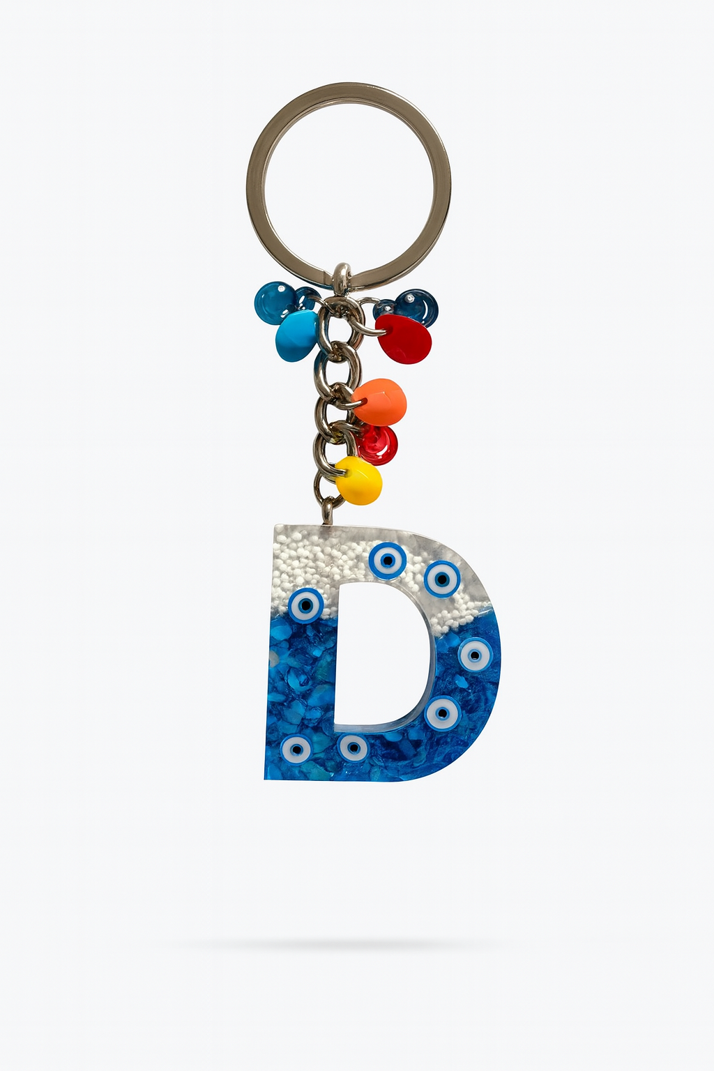 Epoksi Harf Anahtarlık – D Harfi, Nazar Boncuklu ve Renkli Charm Detaylı