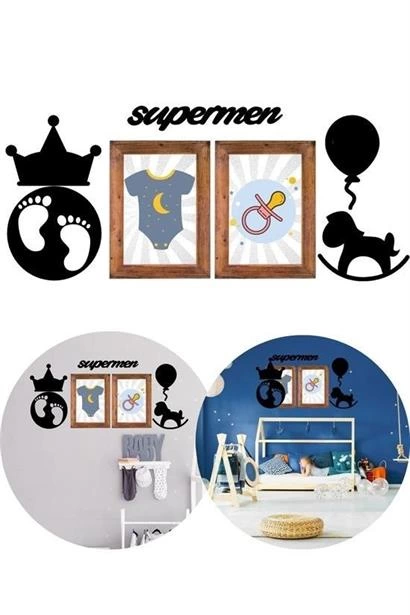 Deco103 Supermen Dekoratif Duvar Süsü Tablo Aksesuar Ahşap Tasarım Hediye Pano Sticker Seti