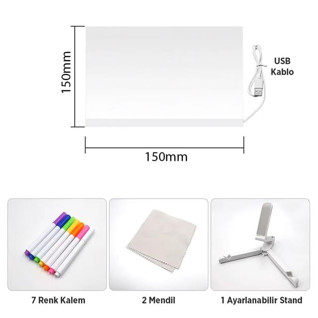 Dekoratif LED Aydınlatmalı Şeffaf Işıltılı Yazı - Çizim Panosu Tableti - 7 Renk Kalemli Set