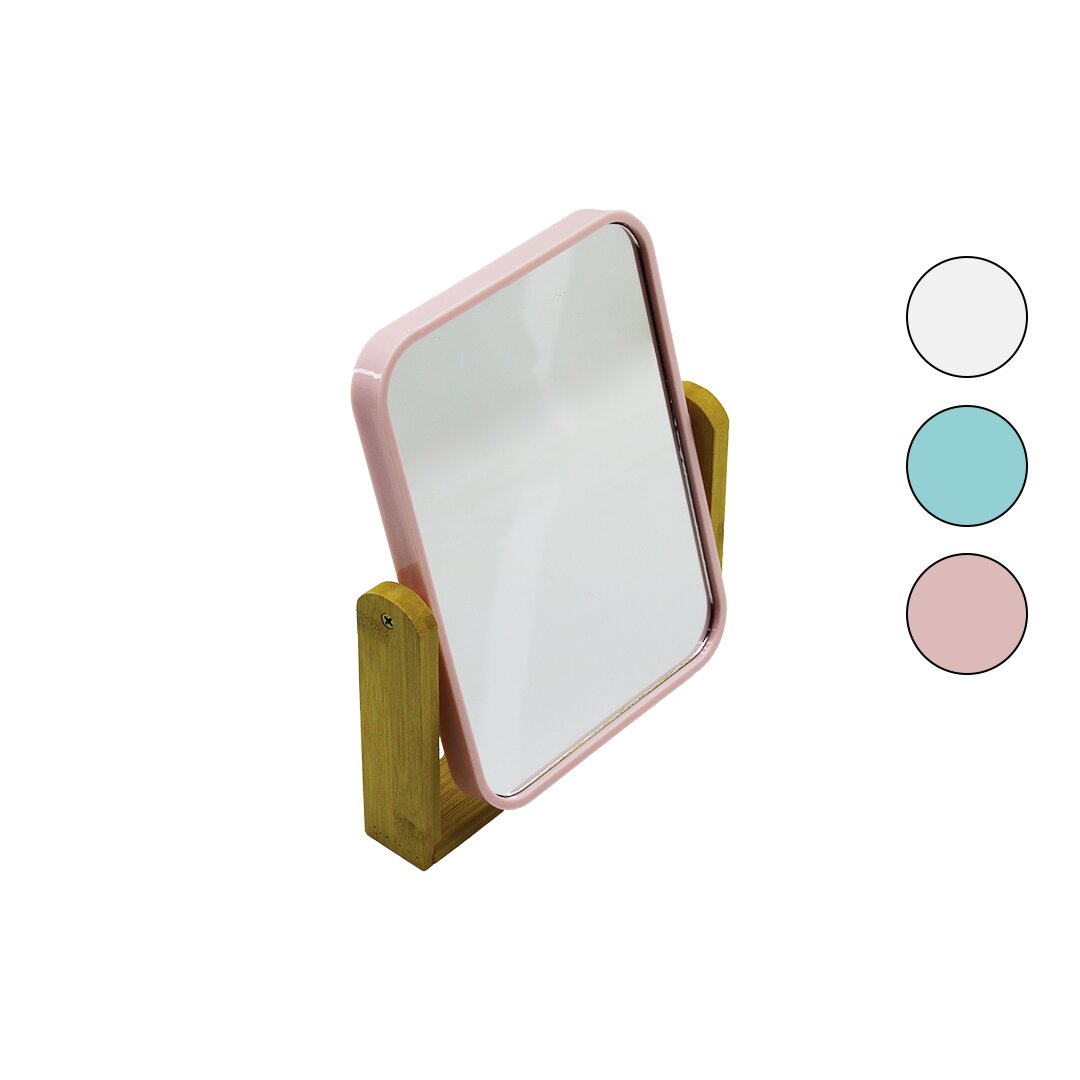 DİKDÖRTGEN=20.5X15.5CM AHŞAP BAMBU AYAKLI MAKYAJ AYNASI ÇİFT TARAFLI RENKLİ PLASTİK ÇERÇEVE