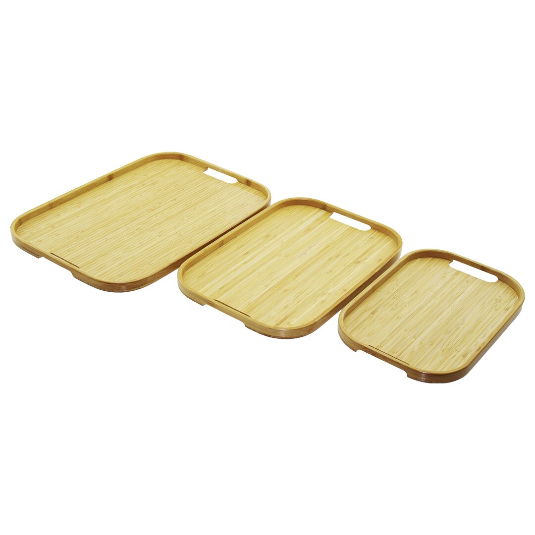 Di̇kdörtgen - 3 Boy Bambu Ahşap Tepsi̇ Seti̇ 22x33--28x40--33x45cm
