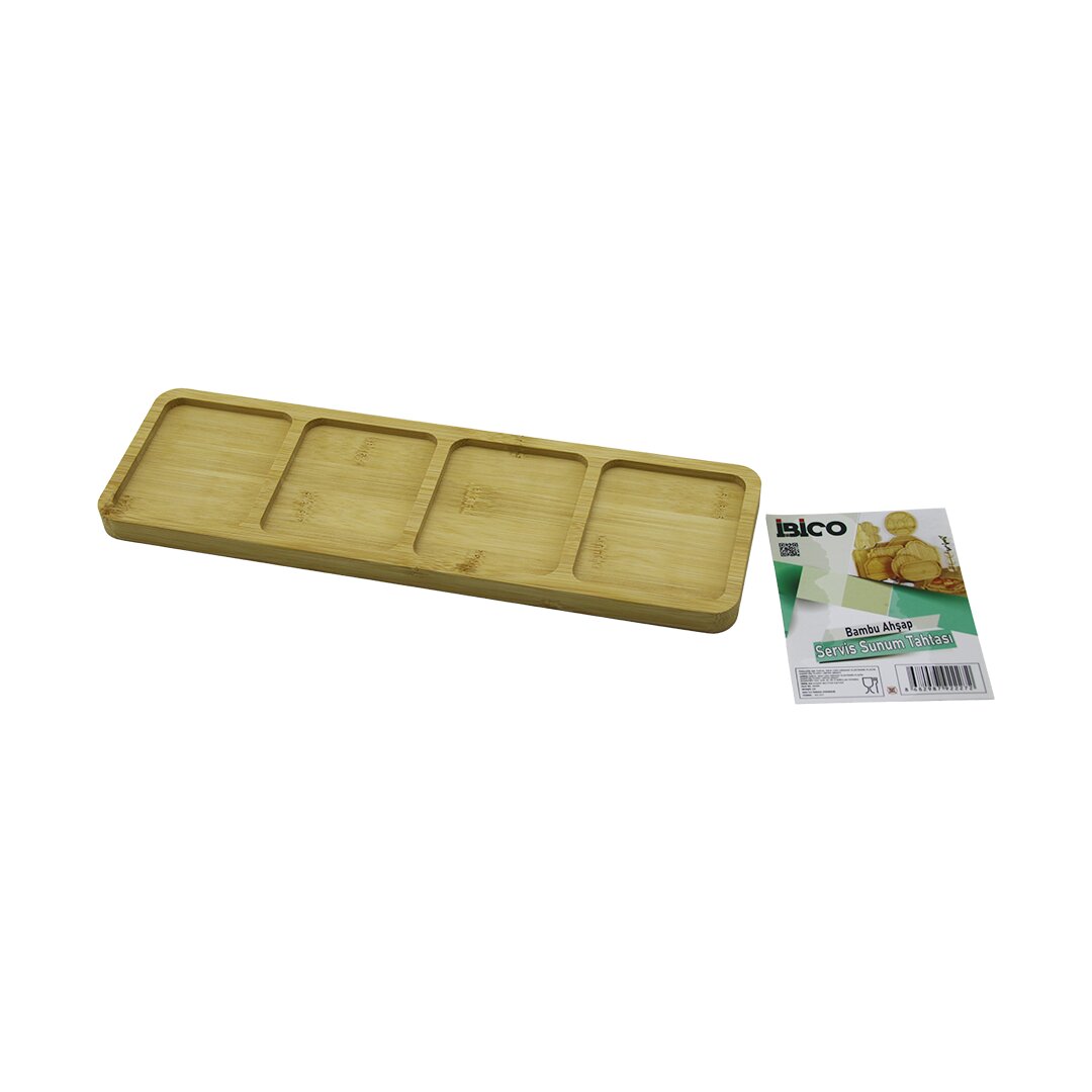 DİKDÖRTGEN  4 BÖLMELİ  AHŞAP BAMBU SERVİS SUNUM TEPSİ - TAHTASI  MİNİ TEPSİ   33 X 10 X 1.4CM