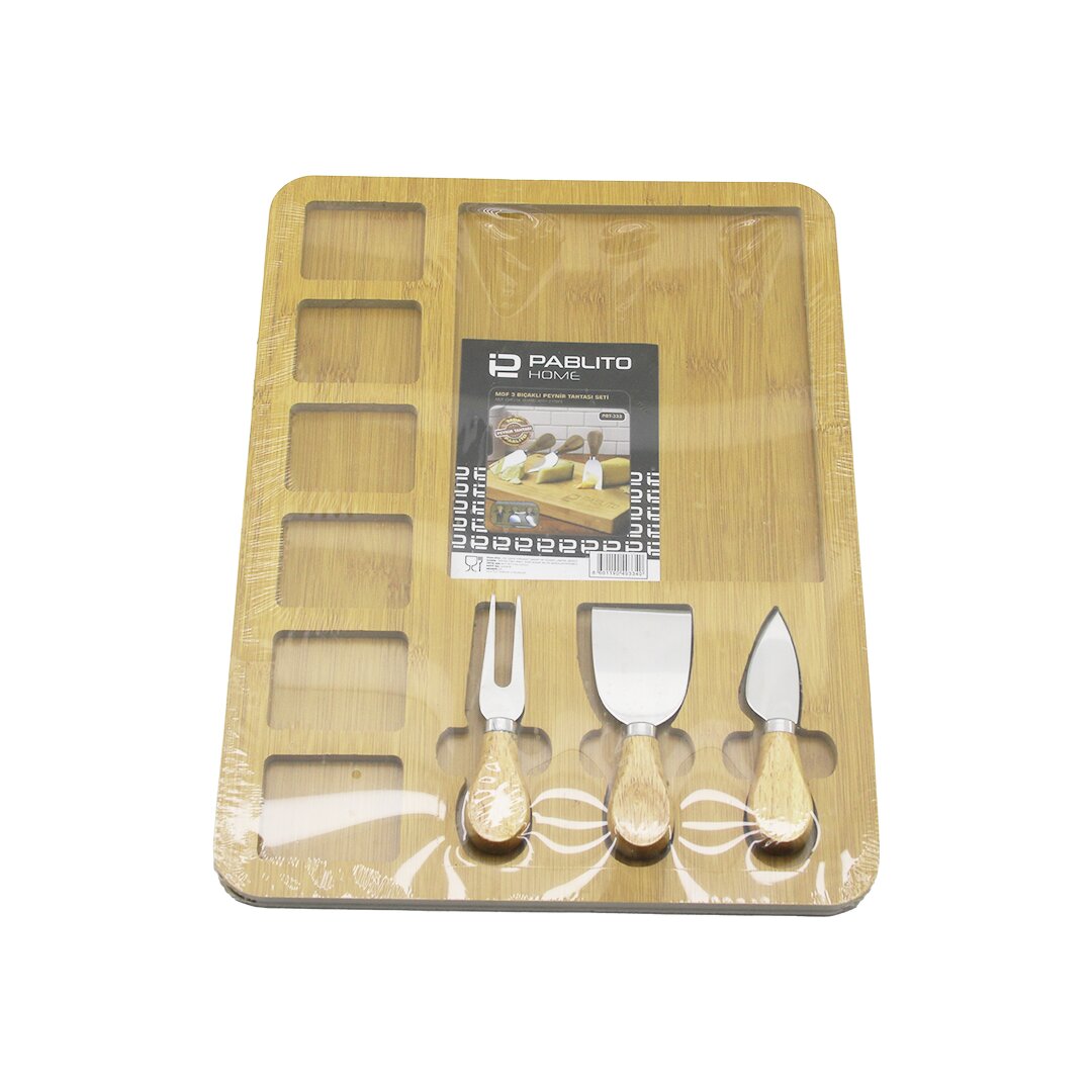 Di̇kdörtgen  6+1 Bölmeli̇   Mdf  Kahvalti Peyni̇r Sunum Panosu 3 Biçak=ahşap Sap 30x39.5cm