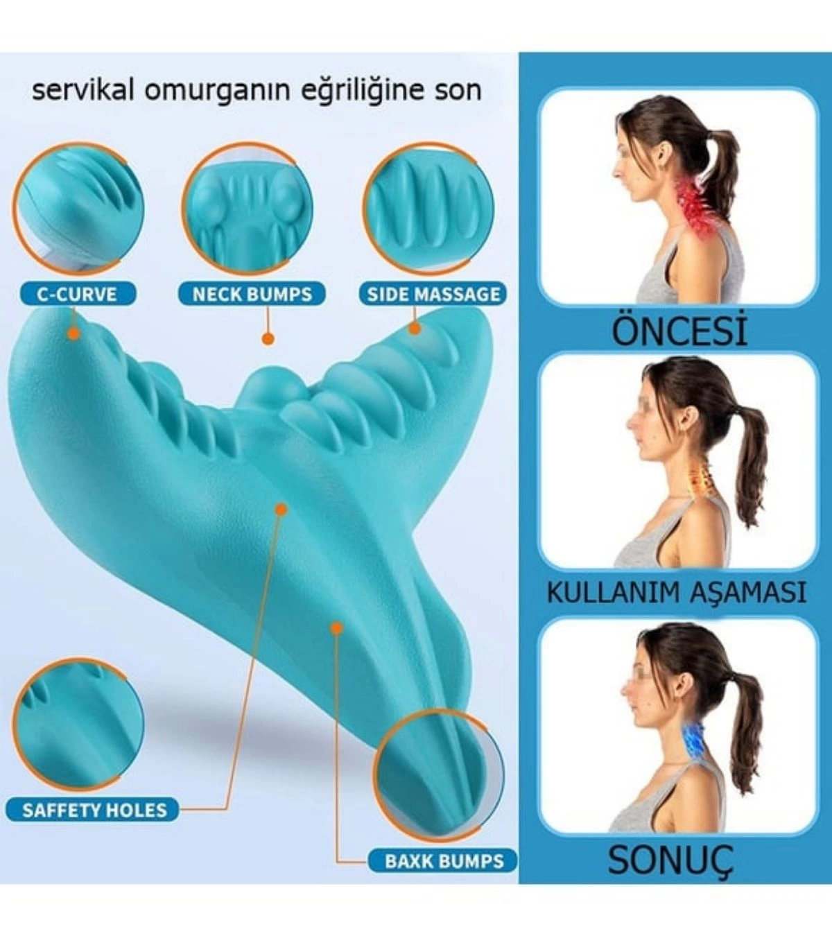 Ortopedik Servikal Boyun Masaj Yastığı Dik Duruş Destekleyici Omurilik Hörgüç Giderici Rahatlatıcı