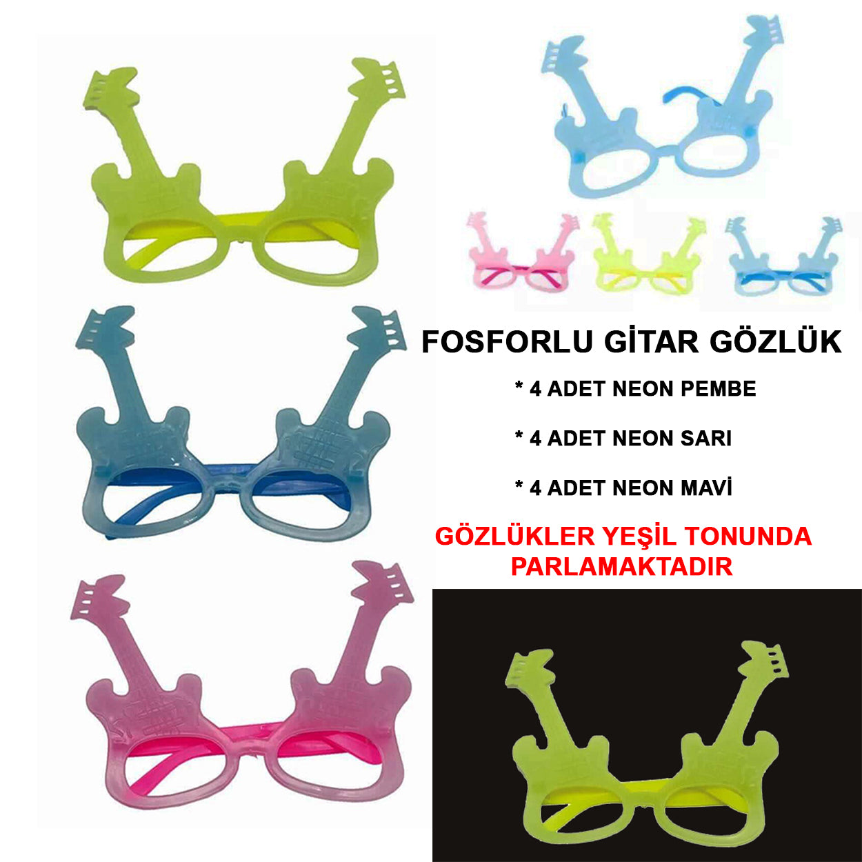 Fosforlu Gitar Model Glow Parti Gözlüğü Karanlıkta Yanan Gözlükler 12 Adet (4620)