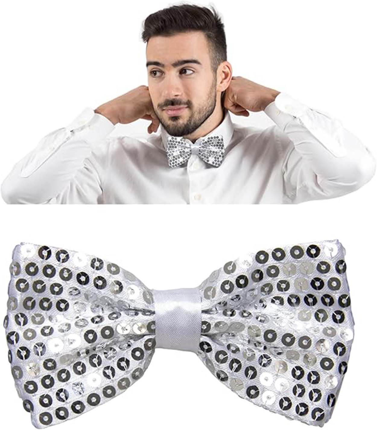 Gece Işıltısı Gümüş Payetlı Pullu Papyon 7x2 Cm