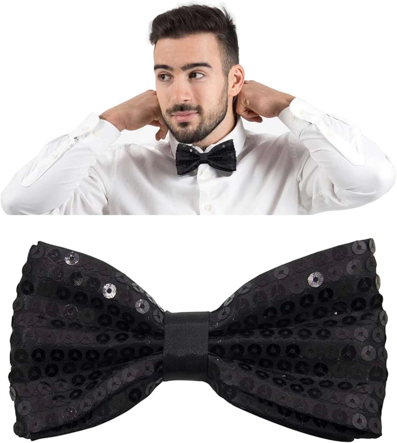 Gece Işıltısı Siyah Payetli Pullu Papyon 7x2 Cm