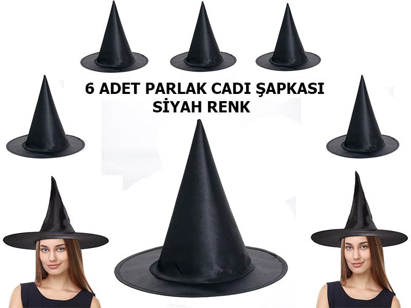 Halloween Siyah Renk Parlak Dralon Cadı Şapkası Yetişkin ve Çocuk Uyumlu 6 Adet (4620)