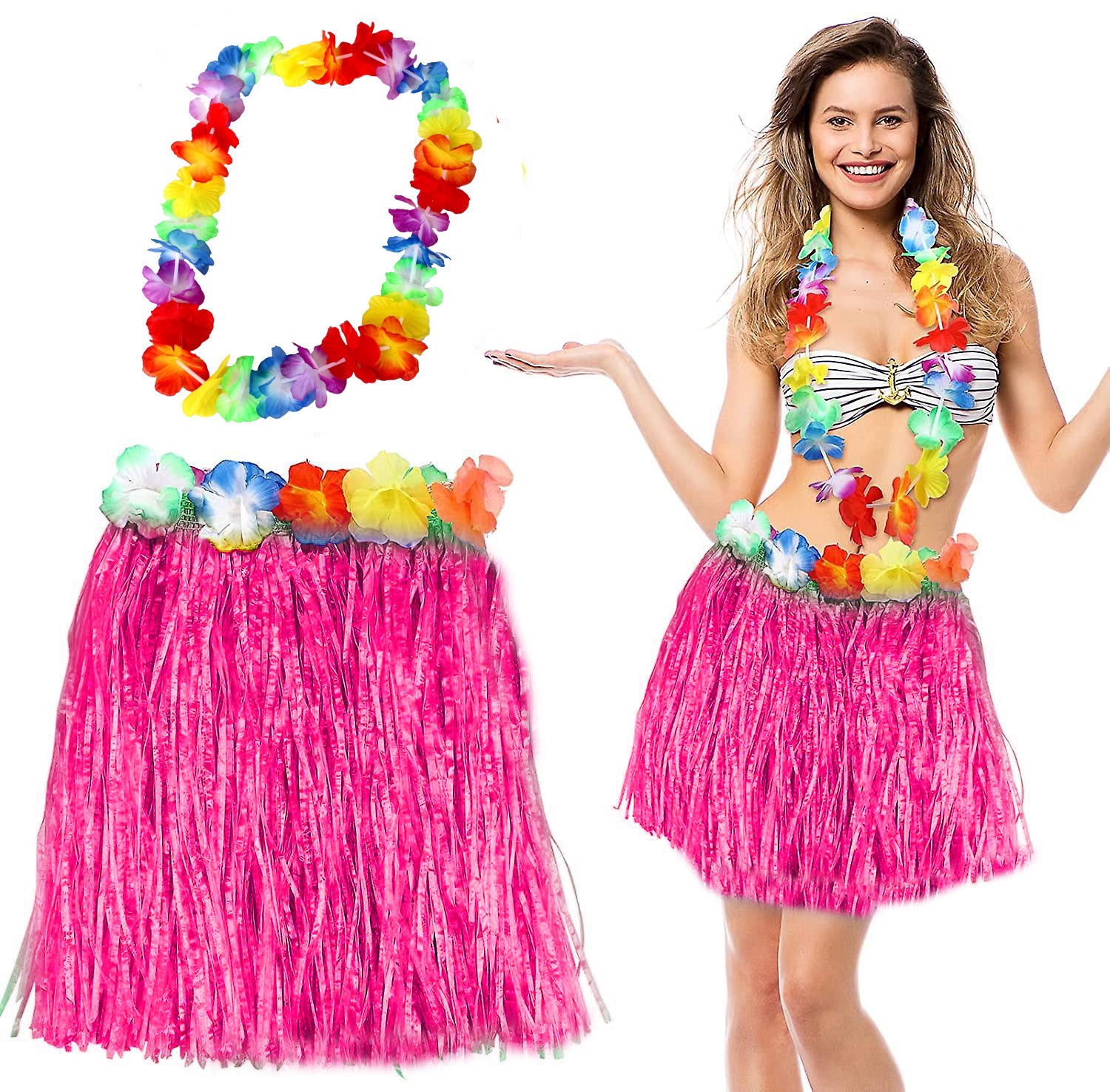 Hawaii Luau Aloha Pembe Püsküllü 40 cm Etek ve Hawaii Kolye Seti (4620)