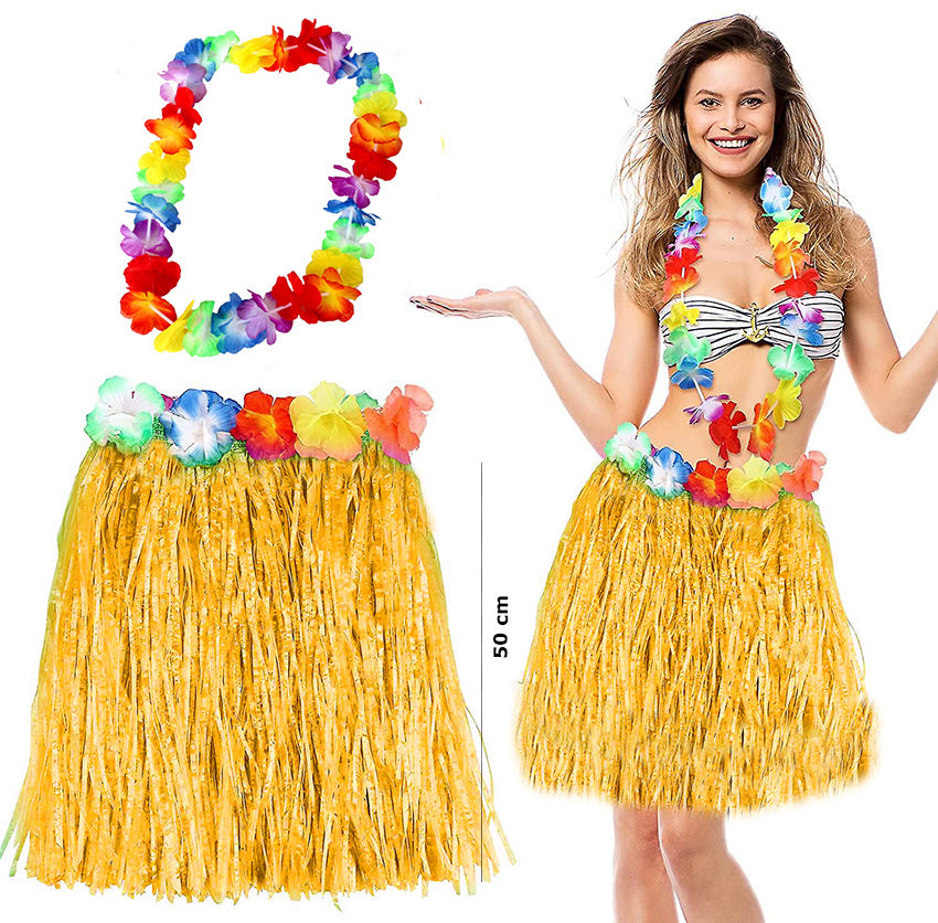 Hawaii Luau Aloha Sarı Püsküllü 50 cm Etek ve Hawaii Kolye Seti (4620)