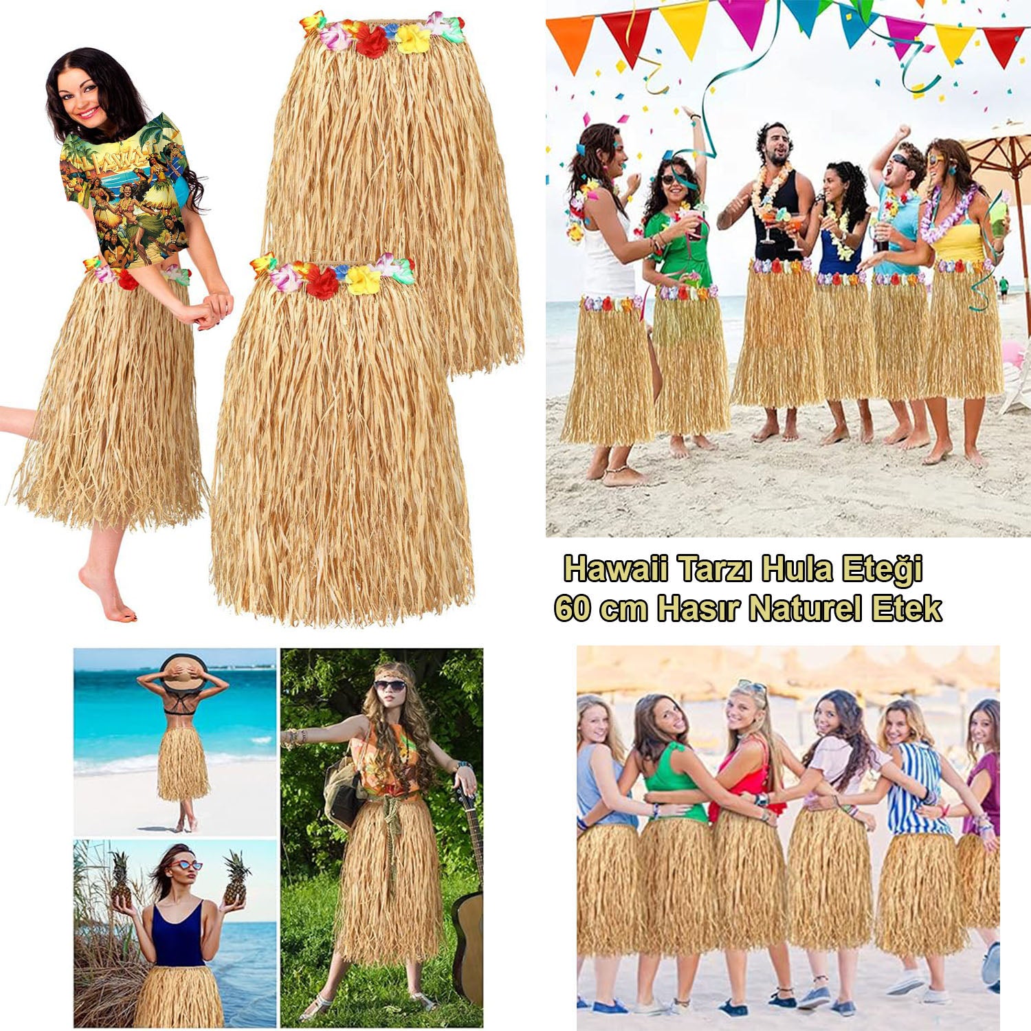 Hawaıı Tarzı Hula Eteğı – 60 Cm Hasır Naturel Etek