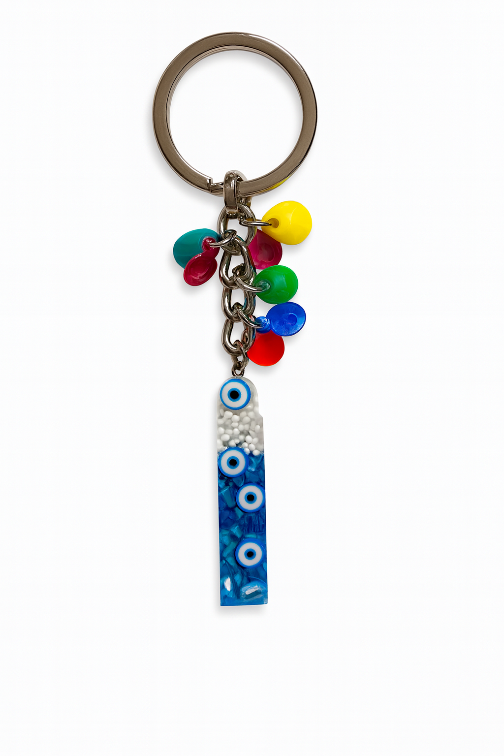 Epoksi Harf Anahtarlık – İ Harfi, Nazar Boncuklu ve Renkli Charm Detaylı