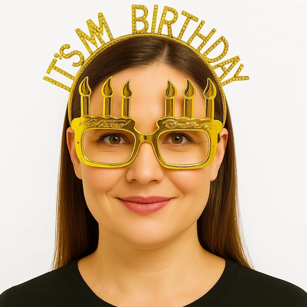 İt39s My Birthday Yazılı Taç Ve Mum Şekilli Gözlük Seti Altın Renk