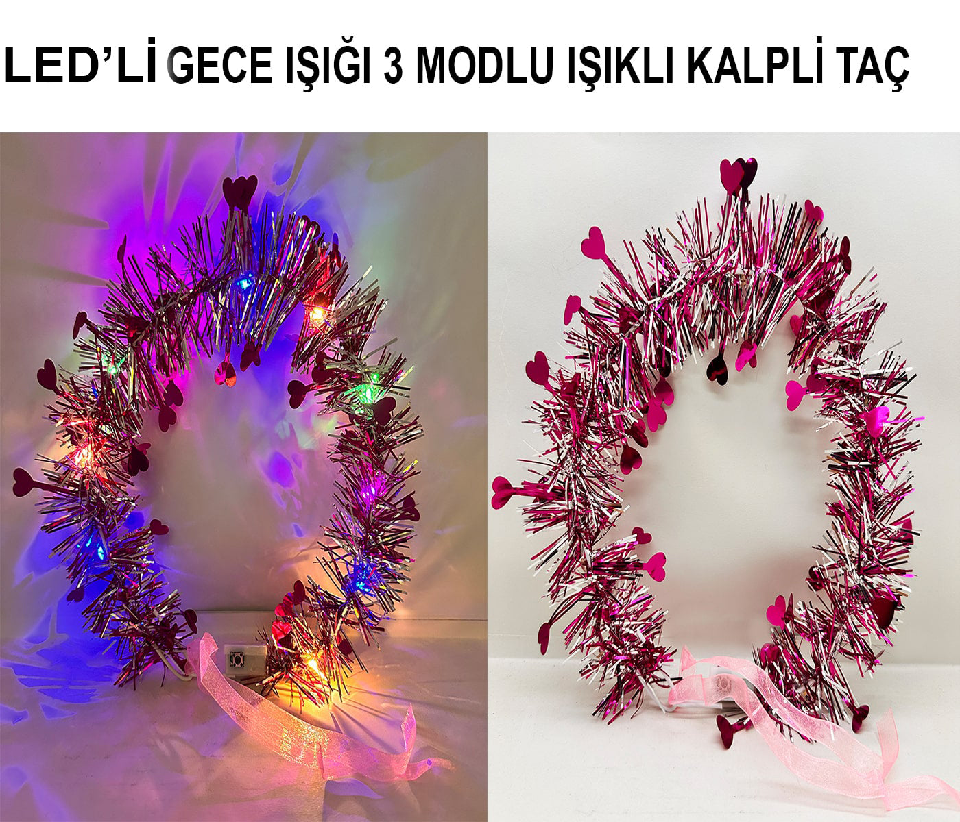 Kalp Püsküllü Gece Parıltısı 3 Modlu LED&amp;apos;li Işıklı Taç Fuşya Renk