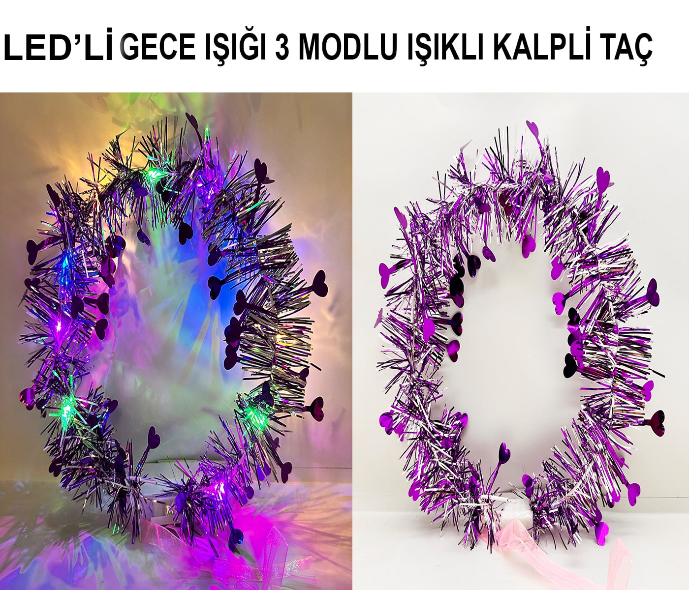 Kalp Püsküllü Gece Parıltısı 3 Modlu LED&amp;apos;li Işıklı Taç Mor Renk