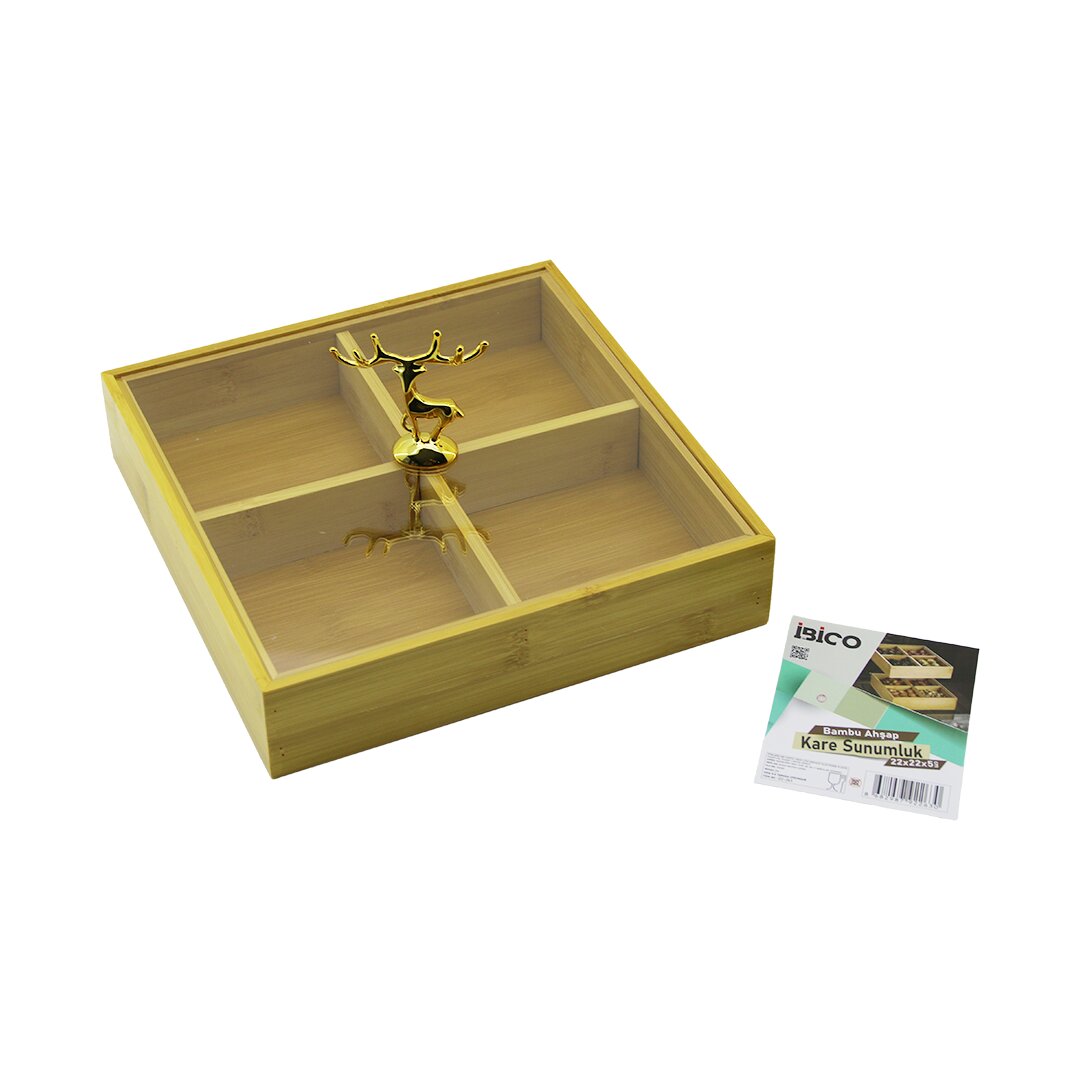 KARE 4 BÖLMELİ=2IN1=BÖLMESİZ ÇOK AMAÇLI KUTU AHŞAP BAMBU SERVİS SUNUM TEPSİ - TAHTASI 22X22X5CM
