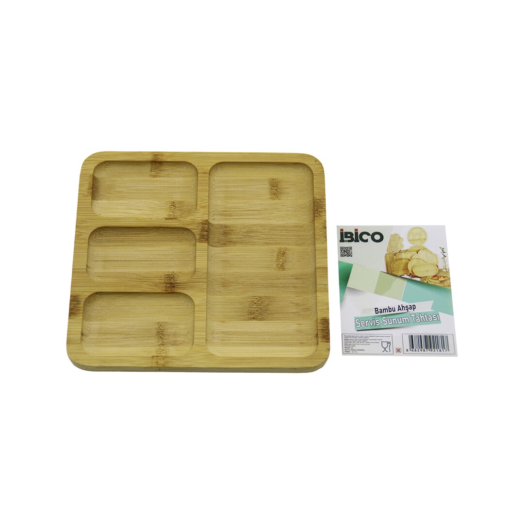 Kare 4 Bölmeli̇=3+1 Ahşap Bambu Servi̇s Sunum Tepsi̇ - Tahtasi 20 X 20 X 1.4cm