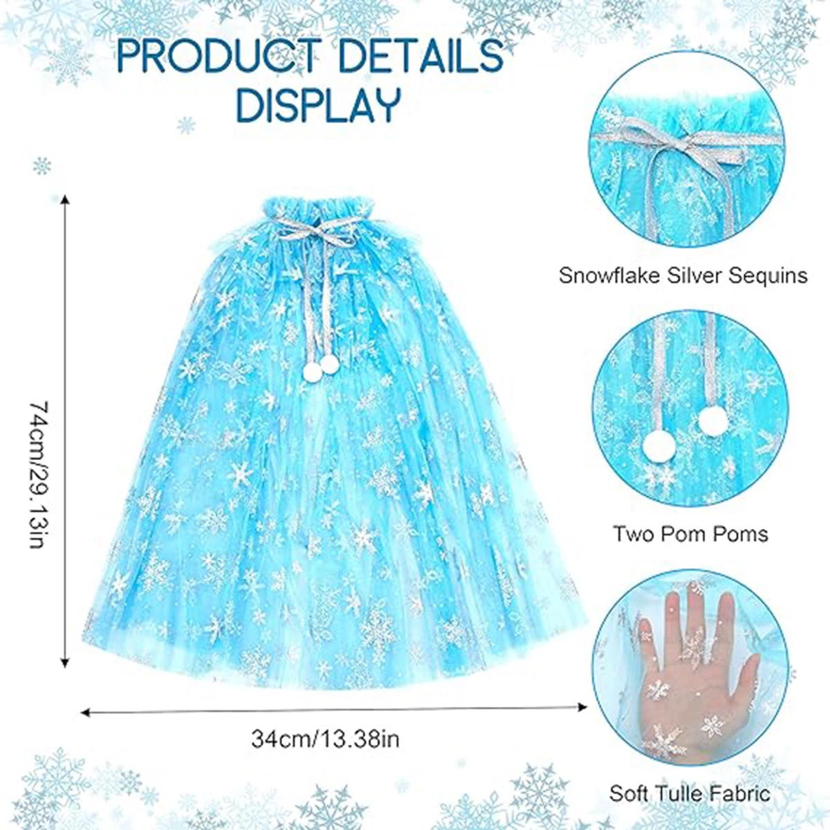 Karlar Ülkesi Elsa Frozen Mavi Pelerin – 80 Cm Kar Desenli Çocuk Pelerini