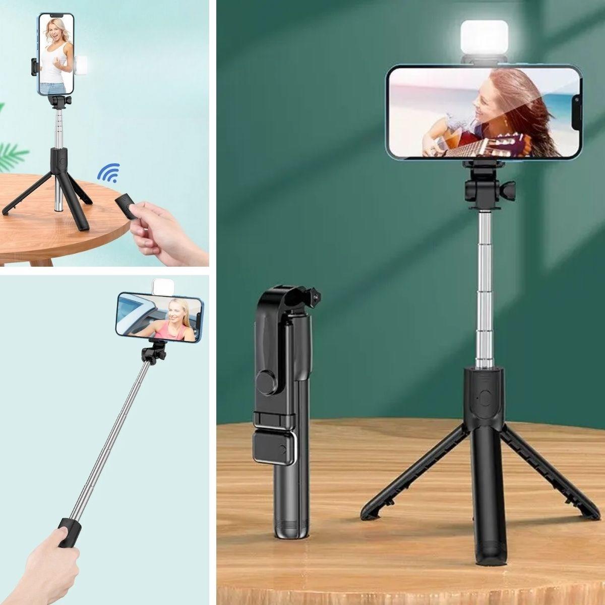 Kendiliğinden Işıklı Masaüstü Tripod Olabilen Telefon Tutuculu Kablosuz Kumandalı Selfie Çubuğu (4620)