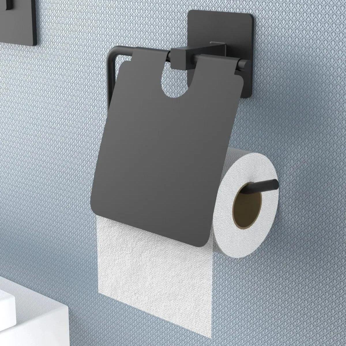 Kendiliğinden Yapışkanlı Siyah Paslanmaz Metal Kapaklı Tuvalet Kağıtlığı Aparatı (4620)