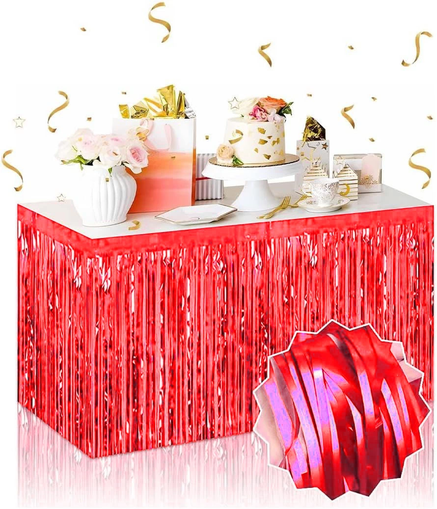 Kendinden Yapışkanlı Kırmızı Metalize Püsküllü Masa Eteği – 75 X 275 Cm Parti Süslemesi