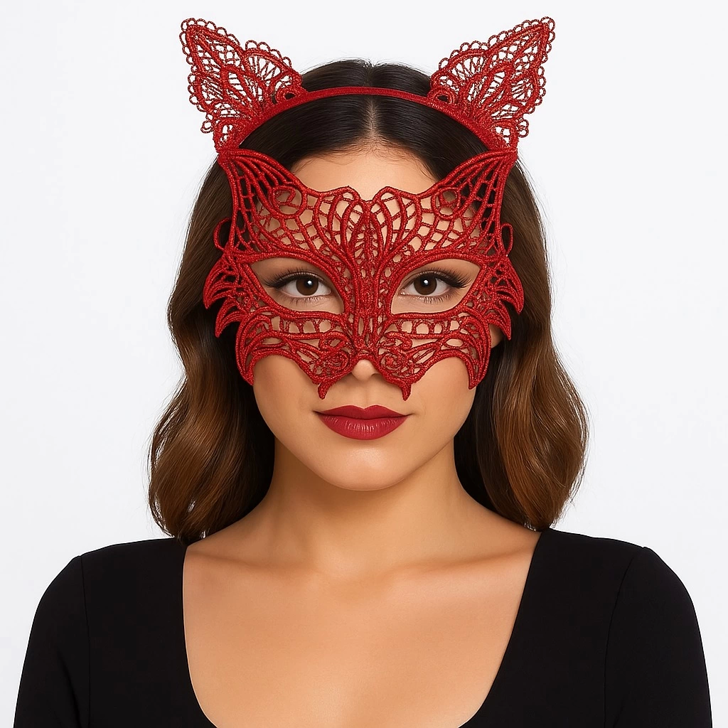 Kırmızı Dantel Kedi Maskesi Ve Dantel Taç Seti 8 No – Kadın Kostüm Aksesuarı