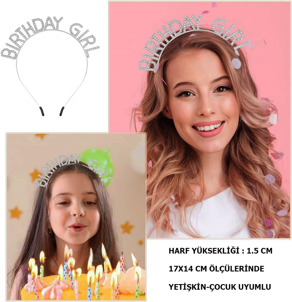 Kristal Taşlı Gümüş Birthday Girl Yazılı Doğum Günü Parti Tacı 19x11 cm (4620)