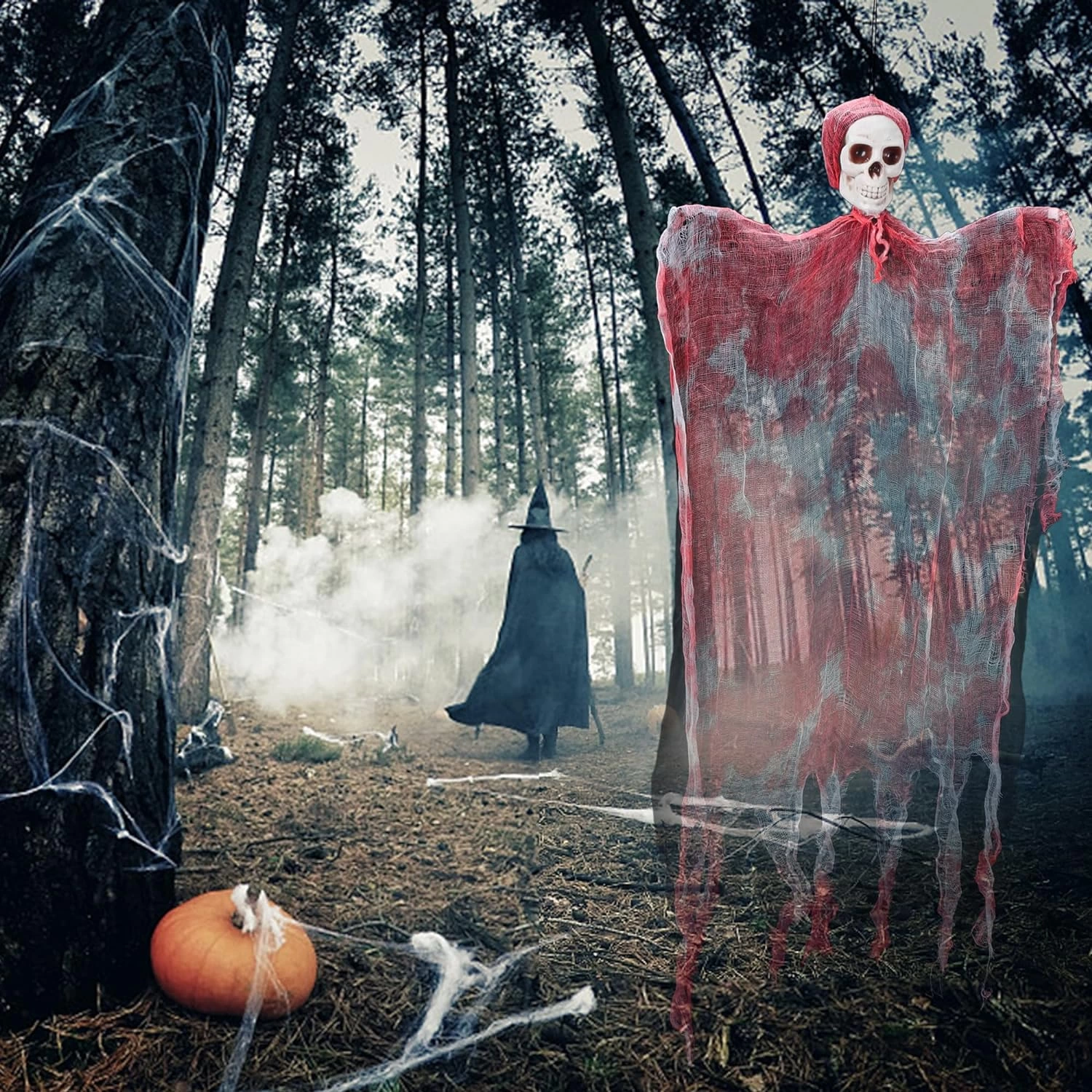 Led Işıklı Kahkaha Atan Sesli Sensörlü Ürpertici Kuru Kafa Kanlı Korku Hayalet Saçaklı Dekor 90x50