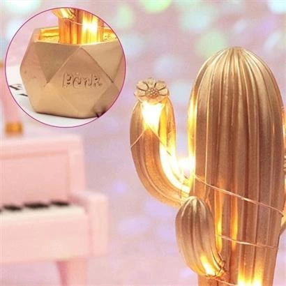 Led Işıklı Sevimli Kaktüs Dekoratif Masa Lambası Mini Biblo Gece Lambası-gold