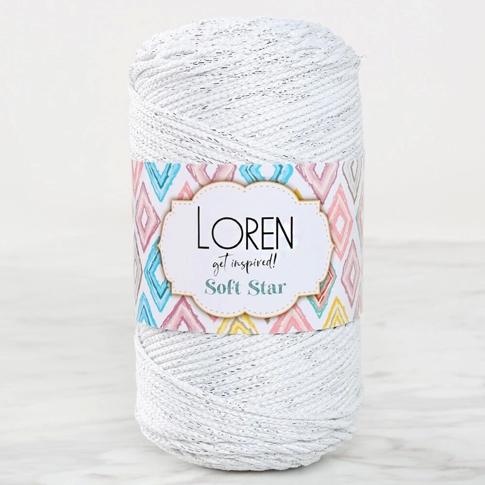 Loren Soft Star Makrome İpi Gümüş Simli Beyaz Rm10