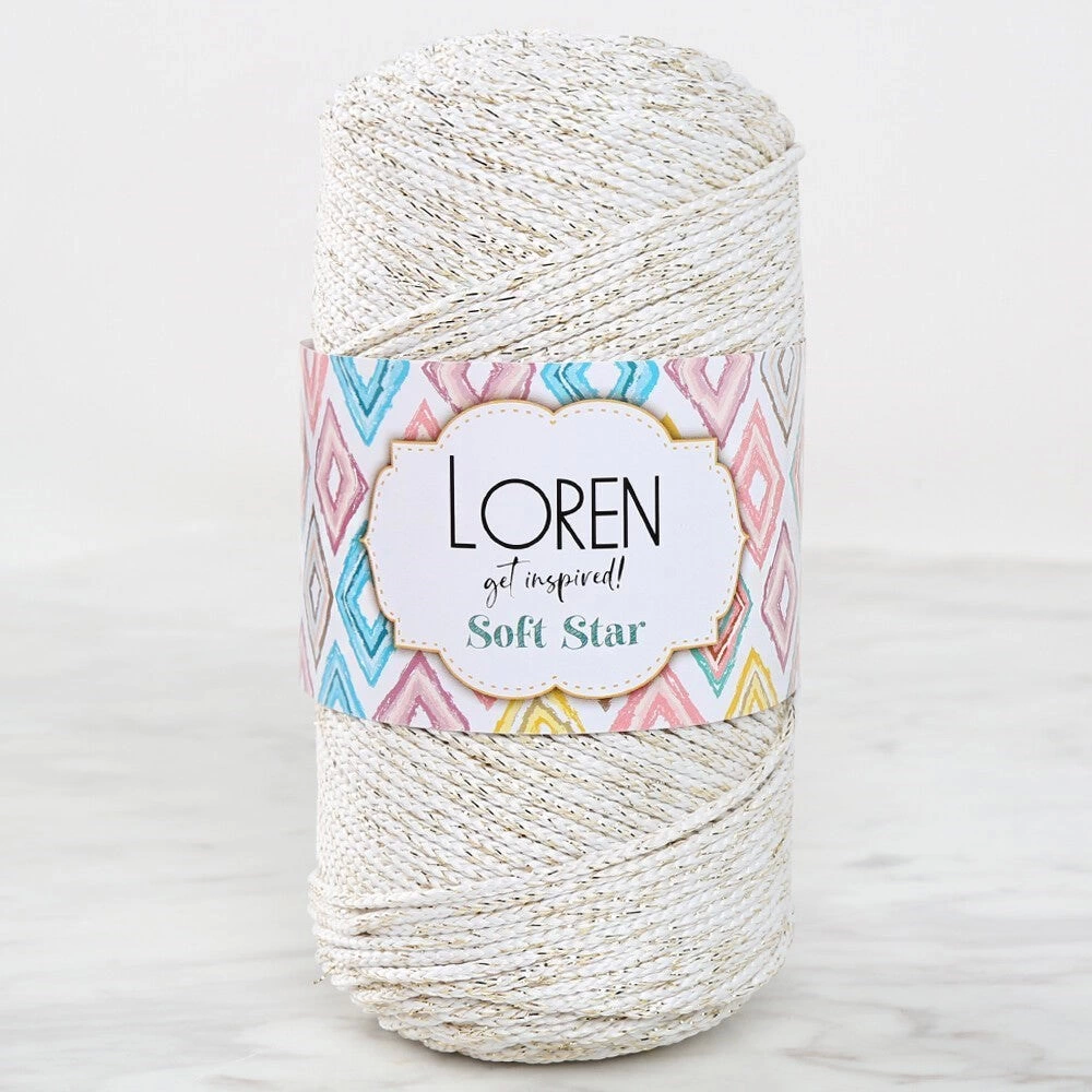 Loren Soft Star Makrome İpi Sarı Simli Krem Rm103