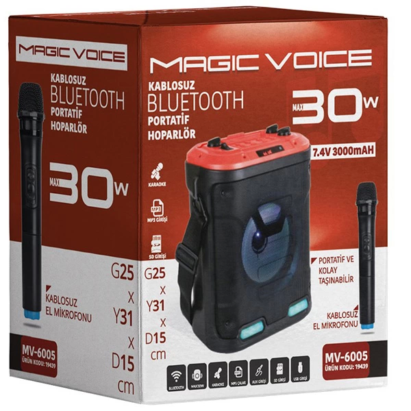 Magıcvoıce Mv-6005 Vhf El Mikrofonu+usb+sd+bt 30 Watt Işıklı Taşınabilir Şarjlı Seyyar Anfi