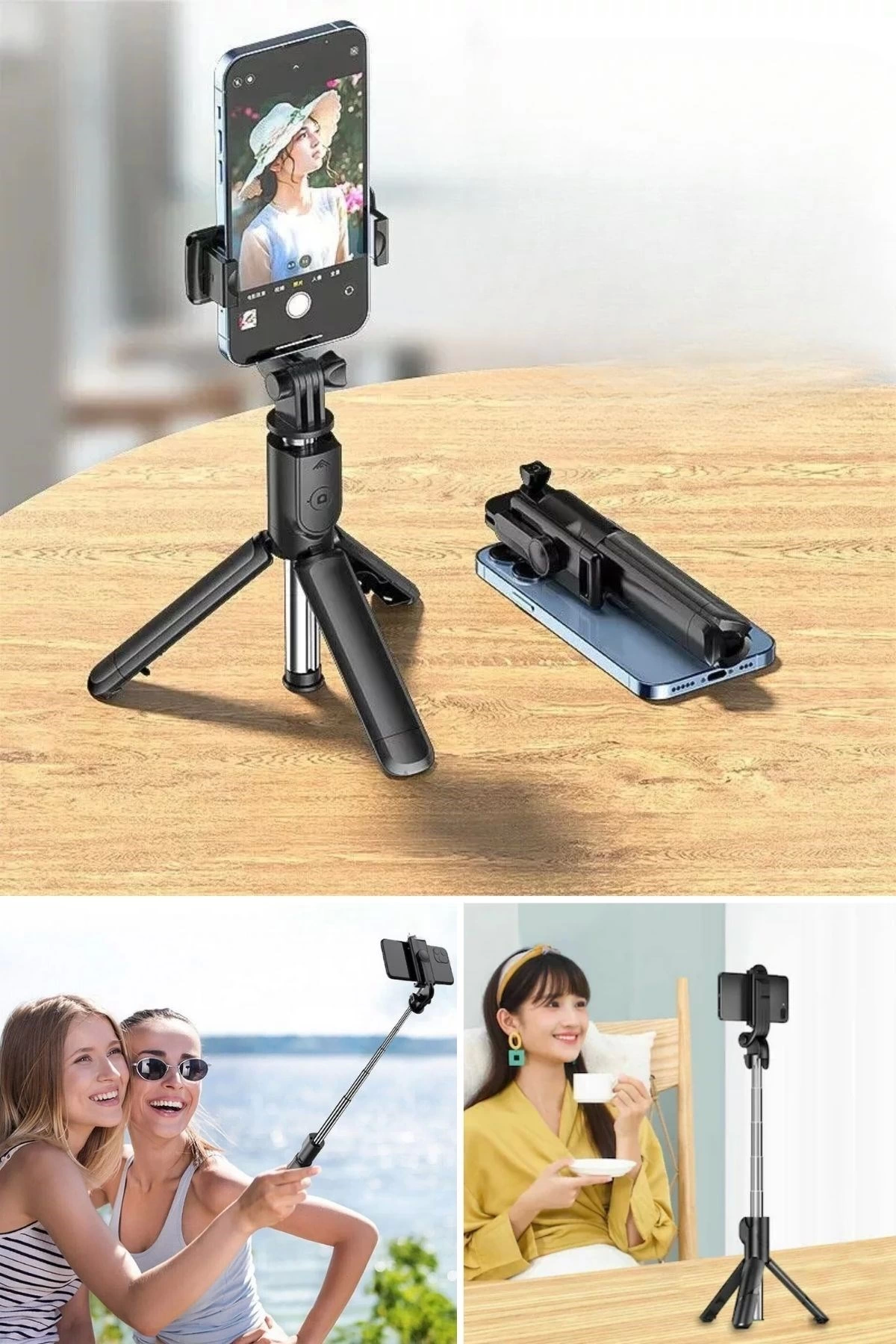 Masaüstü Tripod Olabilen Telefon Tutuculu Kablosuz Kumandalı Selfie Çubuğu